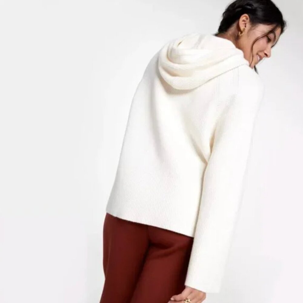 CALIA | Cashmere Blend Ribbed Knit Hooded Sweater Pullover in Cream | Small - Picture 4 of 14